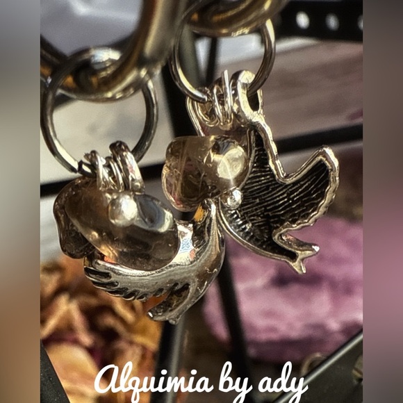 Silver Bird Charm Hoop Earrings Smokey quartz - Picture 2 of 2